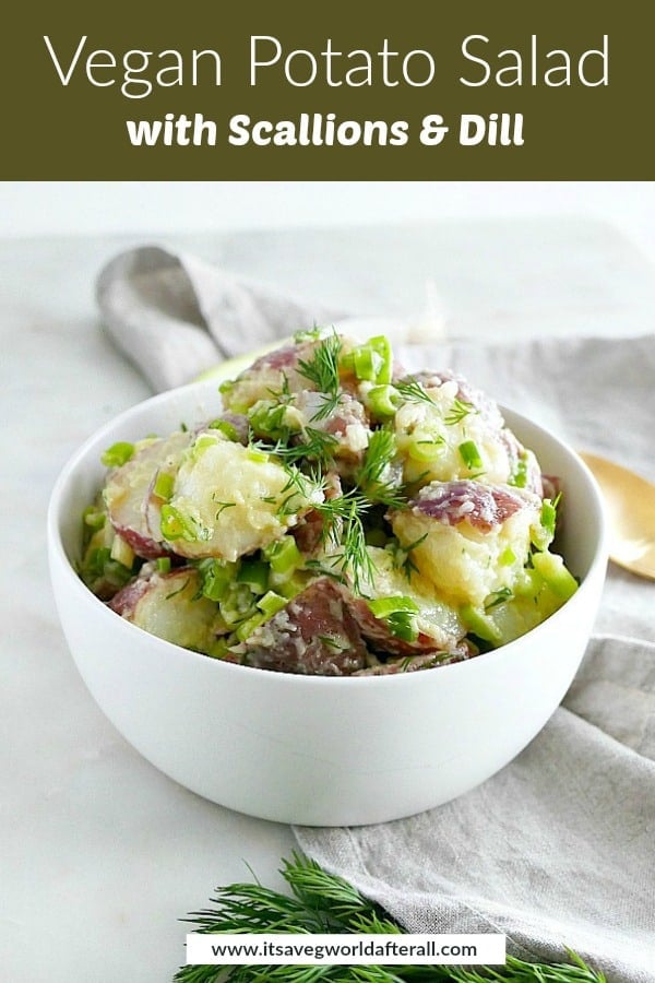 bowl of potato salad with a green text box containing the recipe's name
