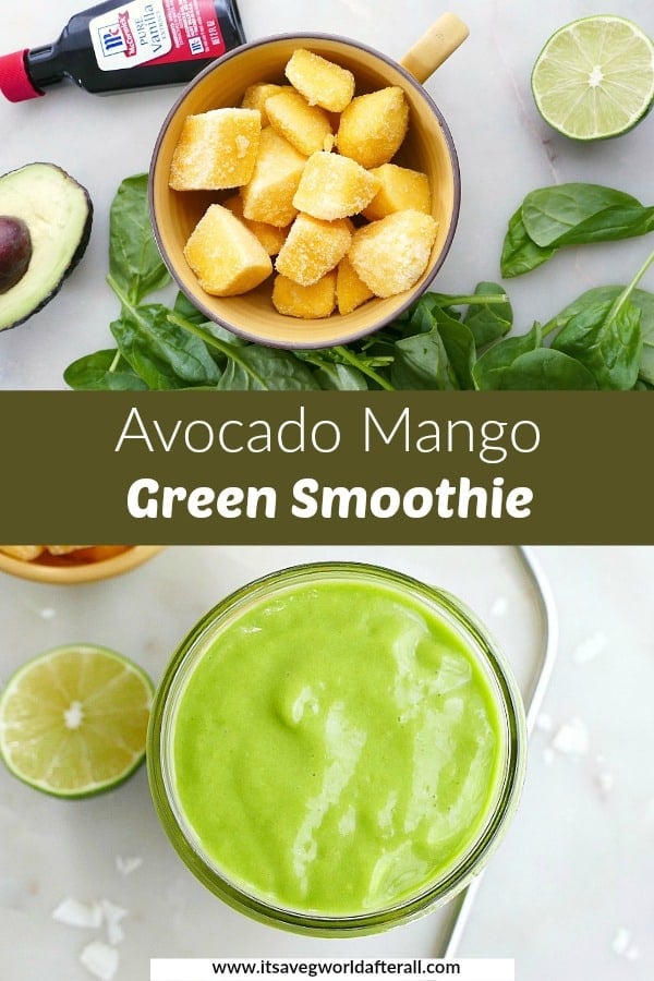 photo of smoothie ingredients and finished smoothie with a green text box in the middle