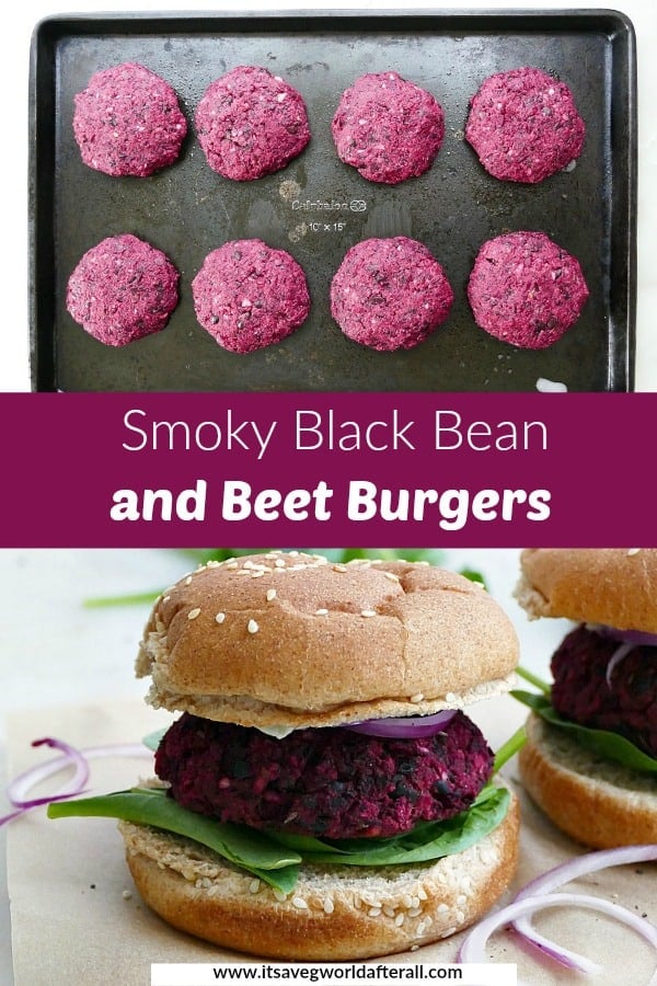 images of veggie burgers on a baking sheet and a cooked burger on a bun separated by a text box