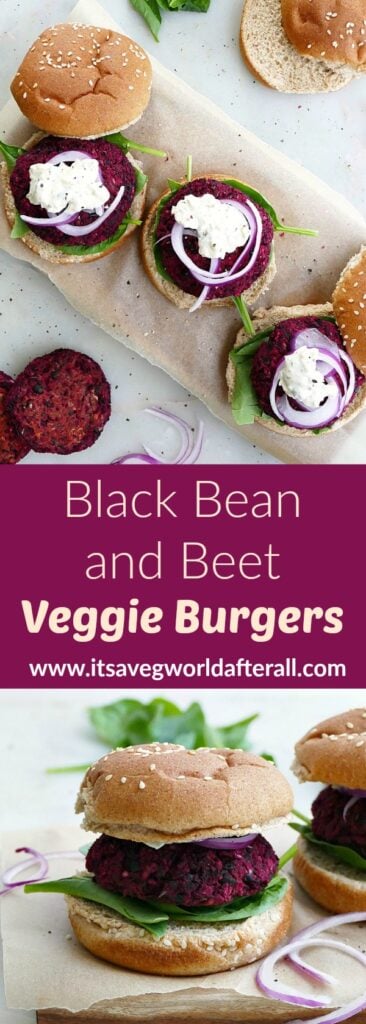 images of three black bean beet burgers with toppings and a single burger separated by a text box