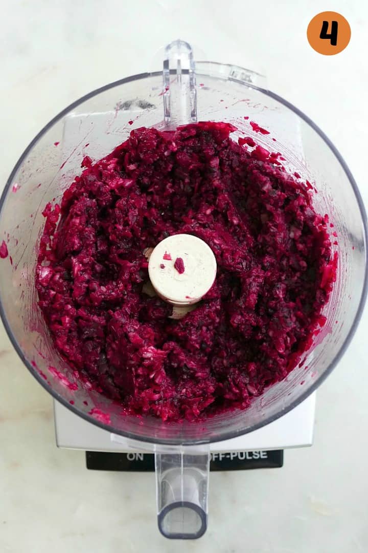 batter for black bean beet burgers in a food processor on a counter