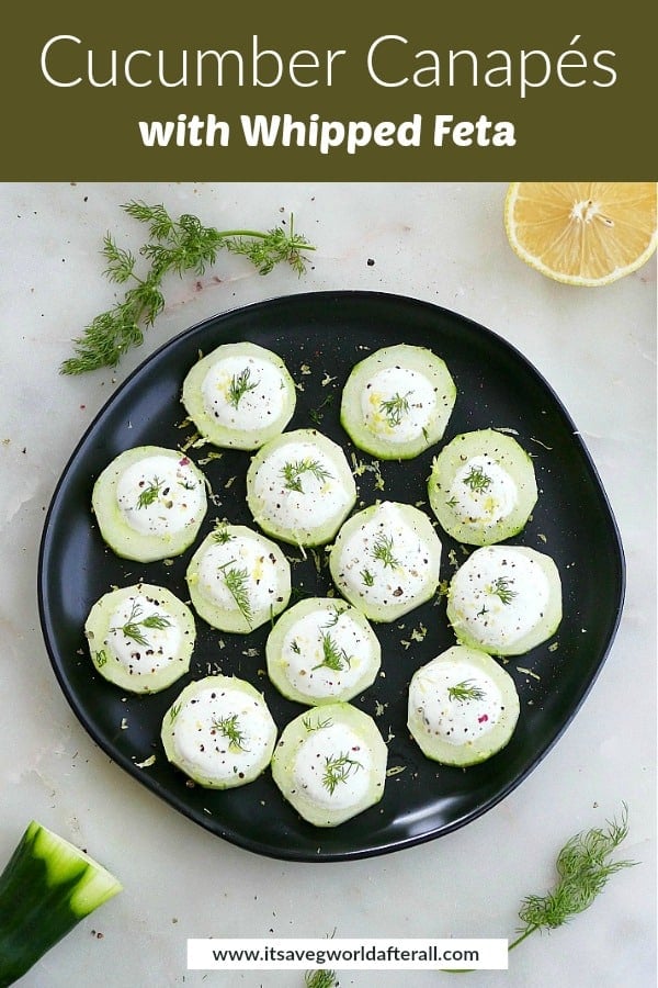 cucumber canapes on a plate with a green text box with recipe title