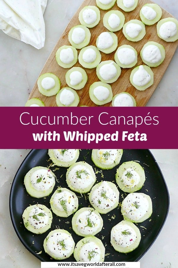 images of cucumber canapes separated by a text box with recipe title