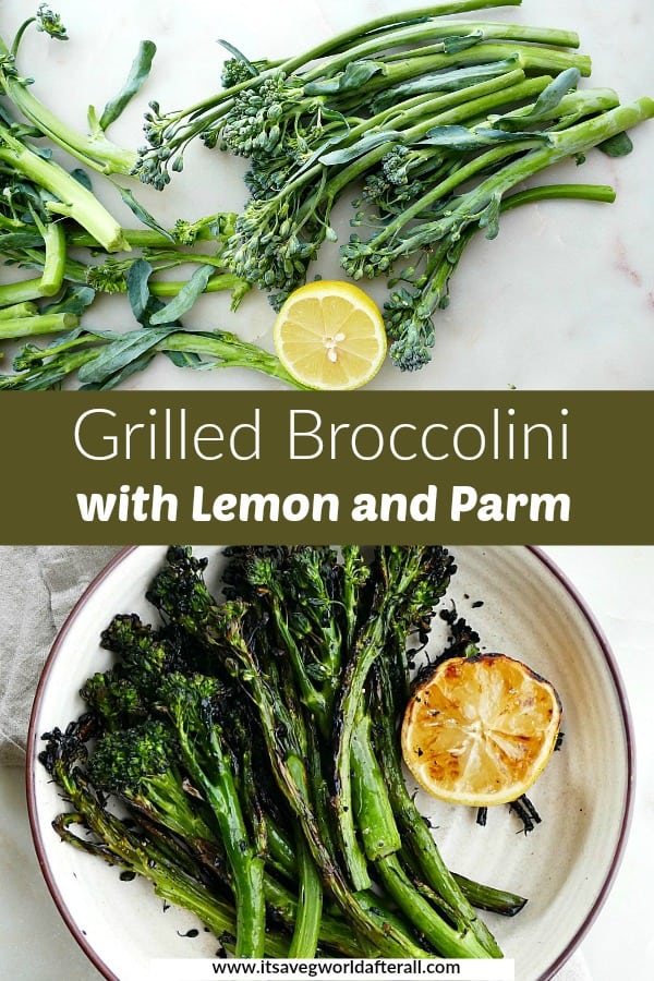 photos of raw and grilled broccolini with a green text box in the middle