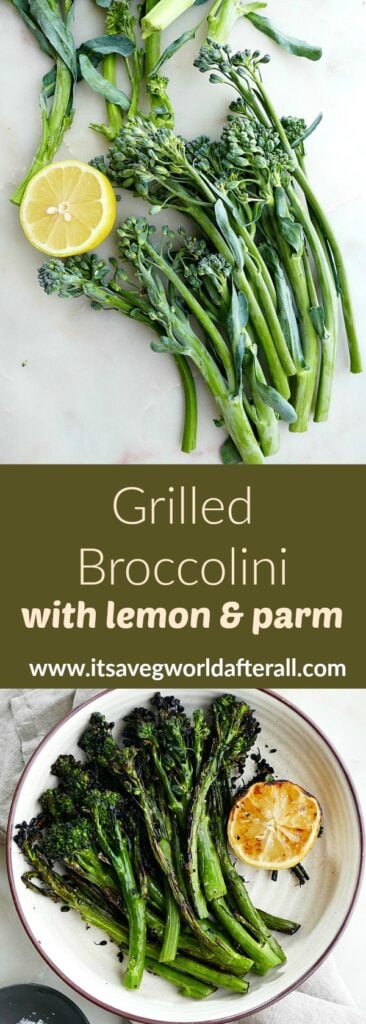 photos of raw broccolini and the finished recipe with a green text box