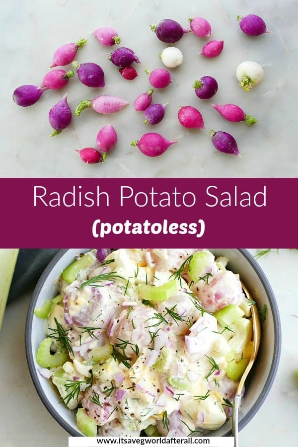 photos of radishes and a bowl of radish potato salad separated by a text box