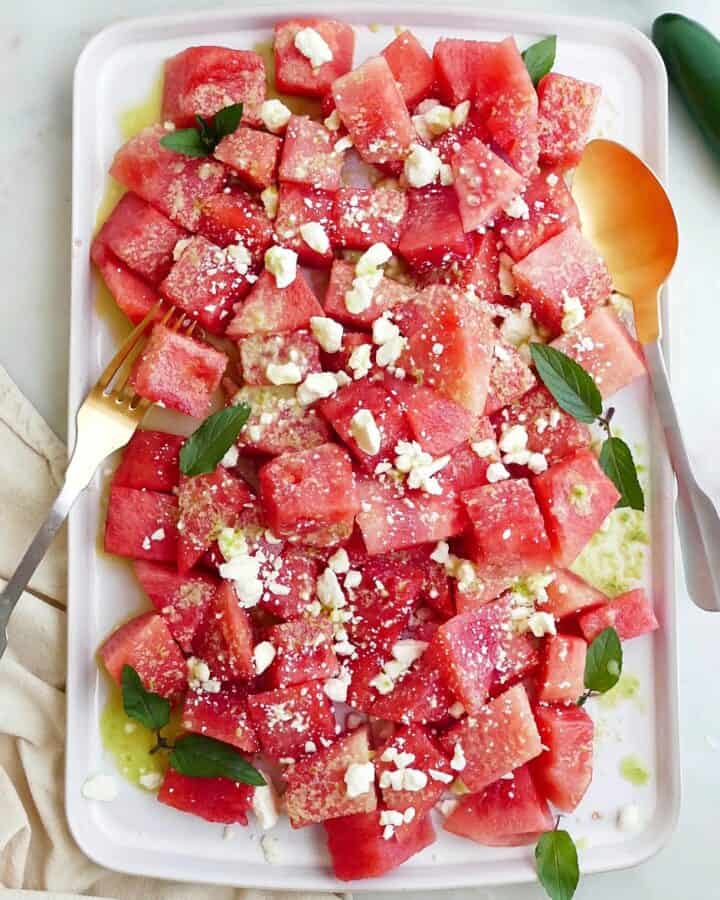 square image of spicy watermelon salad with feta and mint