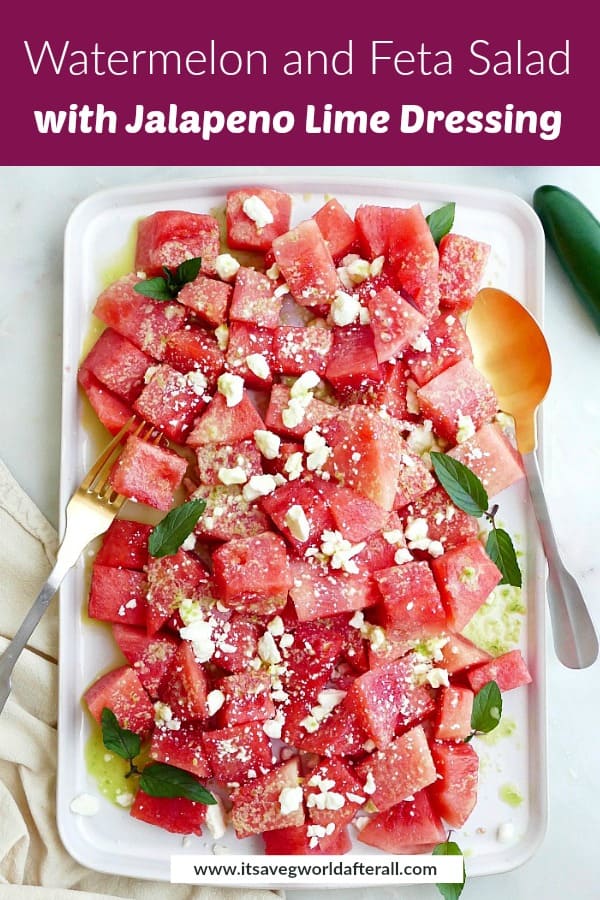 spicy watermelon salad on a platter with a purple text box