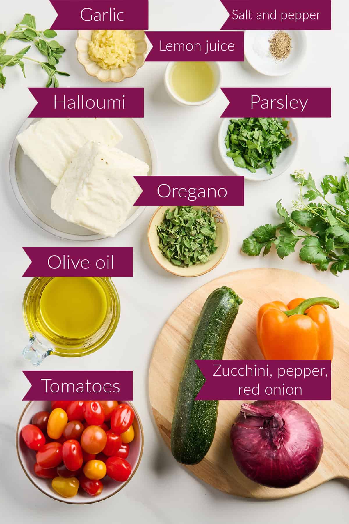 Garlic, lemon juice, salt and pepper, cheese, parsley, oregano, olive oil, and skewer vegetables with labels.