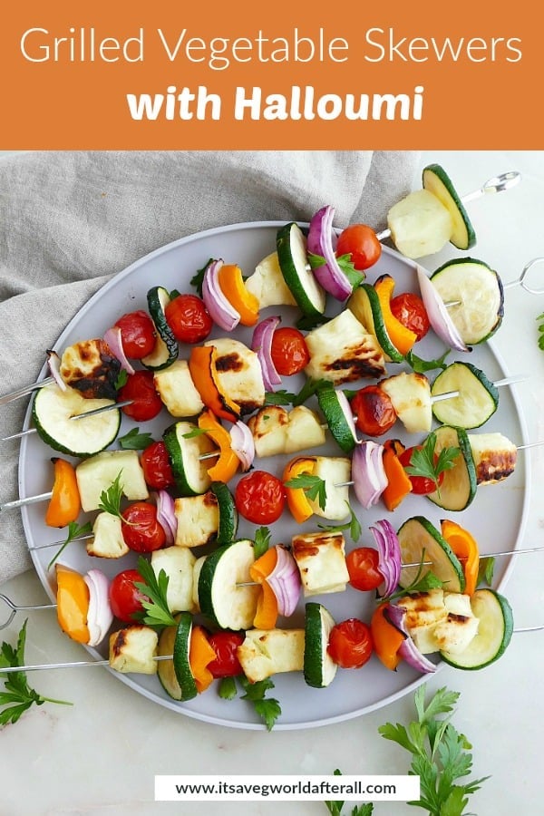 six skewers on a serving plate with an orange text box with the recipe title