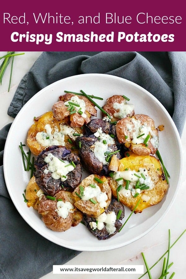 image of plate of crispy smashed potatoes with a purple text box at the top