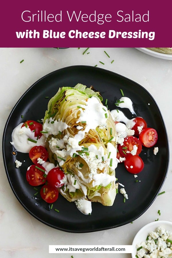 grilled wedge salad on a plate with a purple text box on top of photo