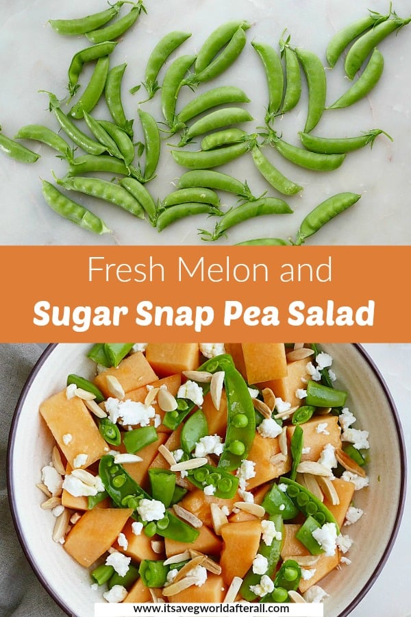 images of sugar snap peas and a finished recipe separated by a text box