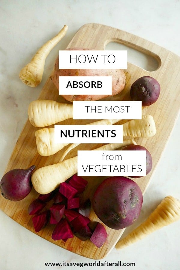 bamboo cutting board with root vegetables and text overlay with post name