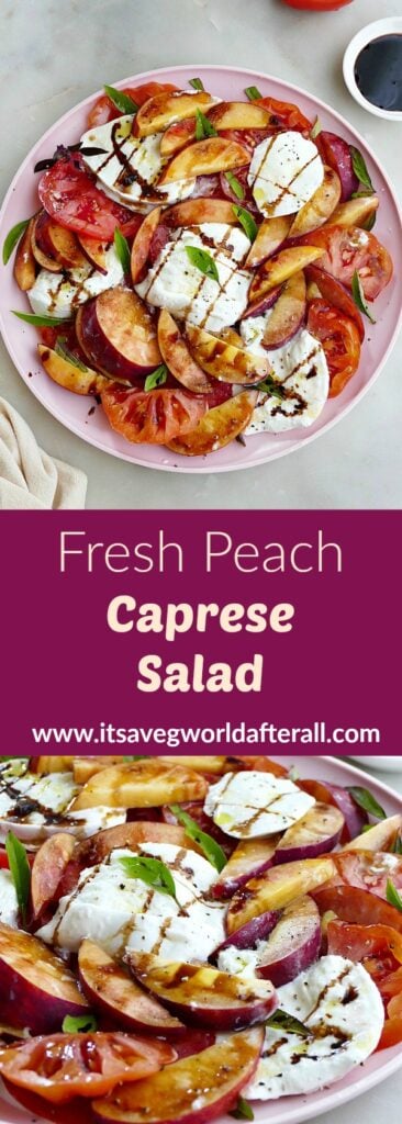 images of peach caprese salad separated by a purple text box with recipe title
