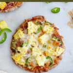 image of pineapple jalapeno pizza with a green text box on top