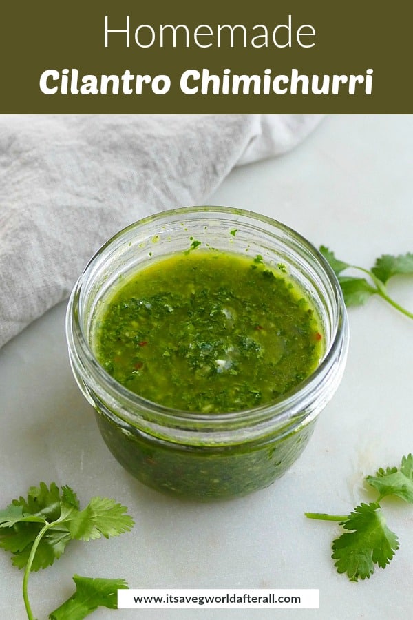 image of cilantro chimichurri with a green text box with recipe title on top