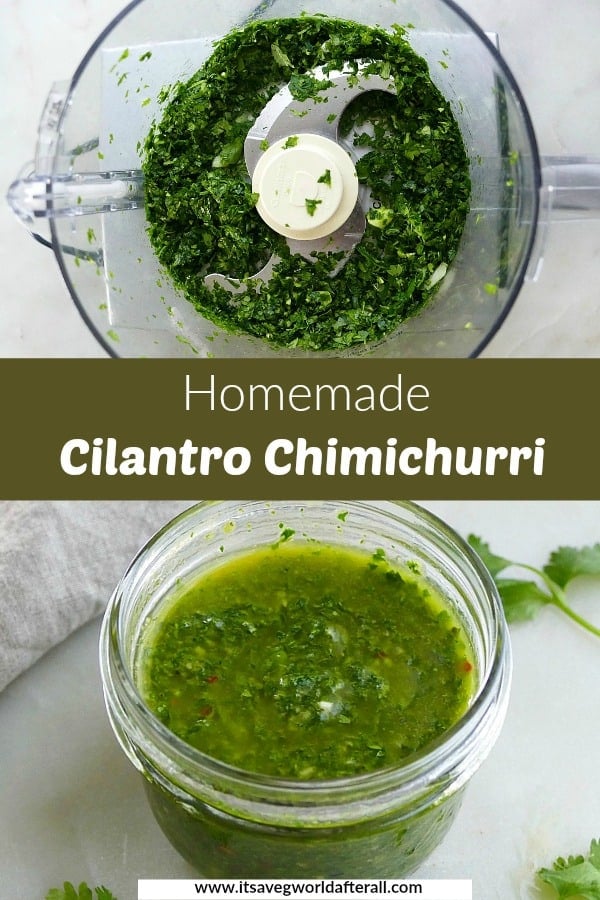 images of chopped herbs and chimichurri sauce separated by a text box