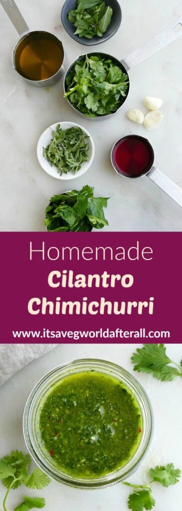 images of ingredients and finished chimichurri sauce separated by a text box
