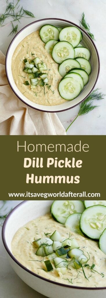 images of hummus and cucumbers separated by a text box with recipe title