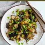 image of eggplant teriyaki with a green text box on top with recipe title