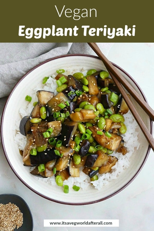 image of eggplant teriyaki with a green text box on top with recipe title