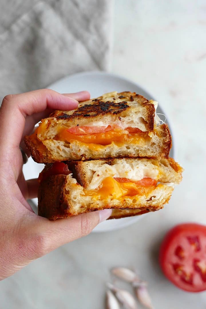 Garlic Bread Grilled Cheese with Heirloom Tomato - It's a Veg World ...