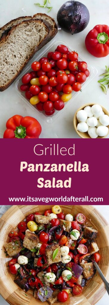 images of ingredients and finished grilled panzanella salad separated by a text box