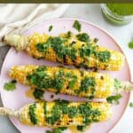 image of grilled sweet corn with cilantro chimichurri with a text box on top