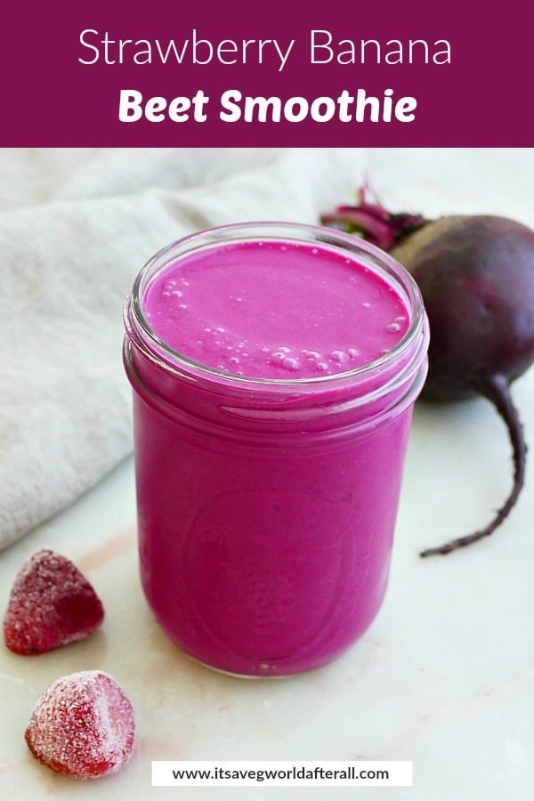 image of beet smoothie with a purple text box on top with recipe title