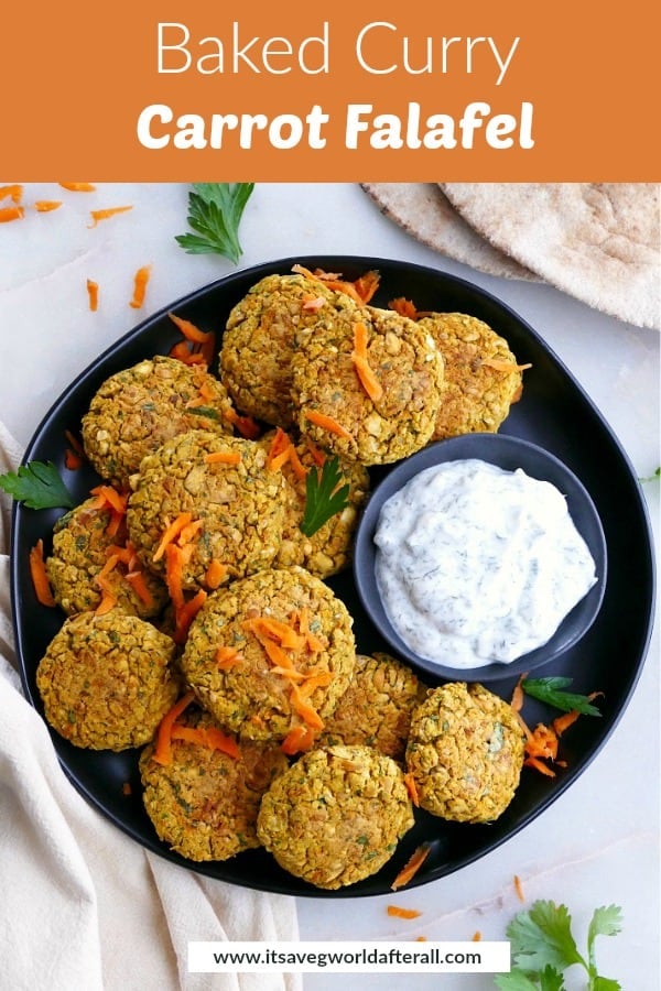 image of plate with curry carrot falafel with a text box with recipe title