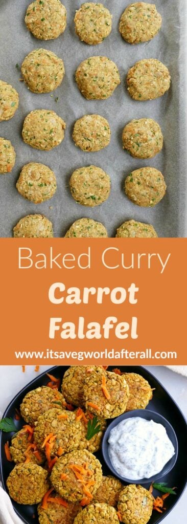 images of raw and cooked falafel patties separated by a text box with recipe title