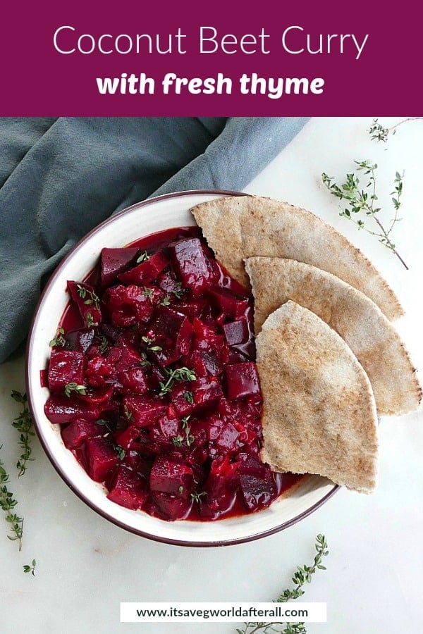 image of beet curry and pita with purple text box with recipe title