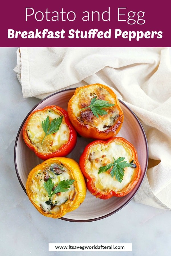 image of breakfast stuffed peppers on a serving platter with a text box with recipe title on top