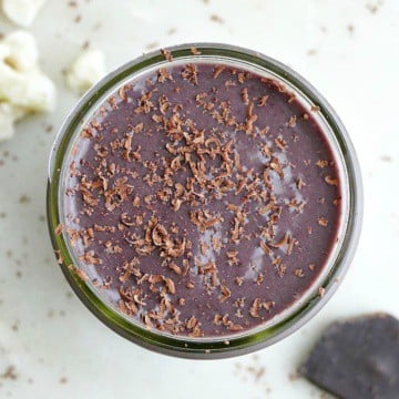 above view of cherry chocolate cauliflower smoothie on a counter