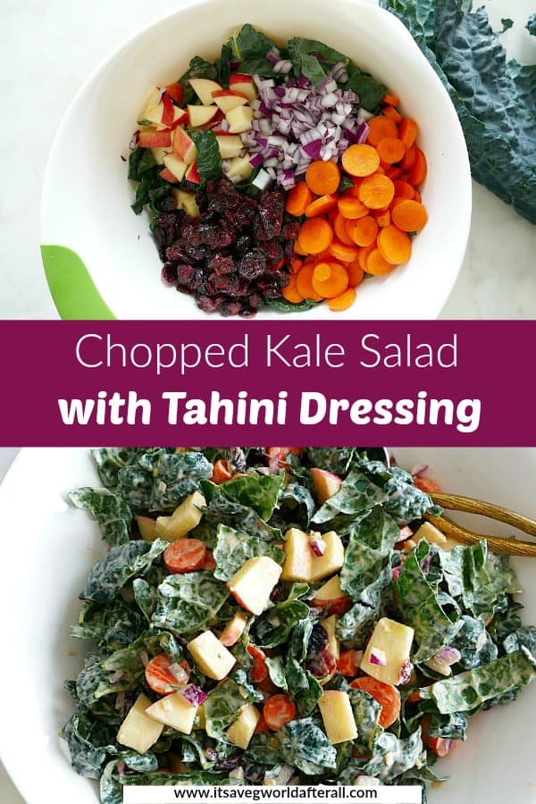 images of ingredients and finished kale salad separated by a text box with recipe title