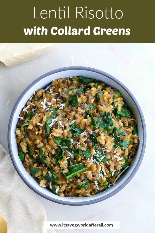 image of lentil risotto with a text box on top with recipe title