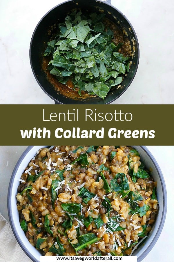 images of risotto with collard greens separated by a text box with recipe title