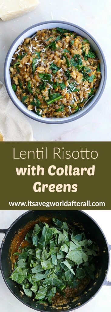 images of risotto with collard greens separated by a text box with recipe title