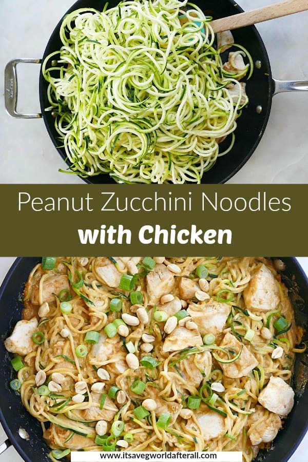 images of zucchini noodles in a skillet with sauce separated by a text box