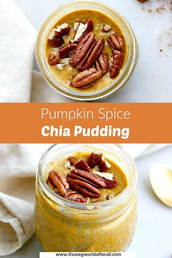 images of vegan pumpkin chia seed pudding separated by text box with recipe title