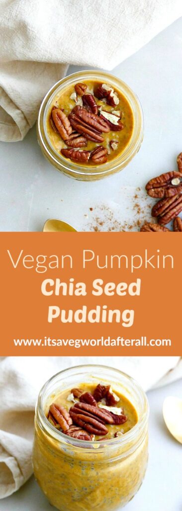 images of vegan pumpkin chia seed pudding separated by text box with recipe title