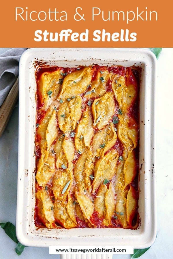 image of ricotta and pumpkin stuffed shells with a text box with recipe title