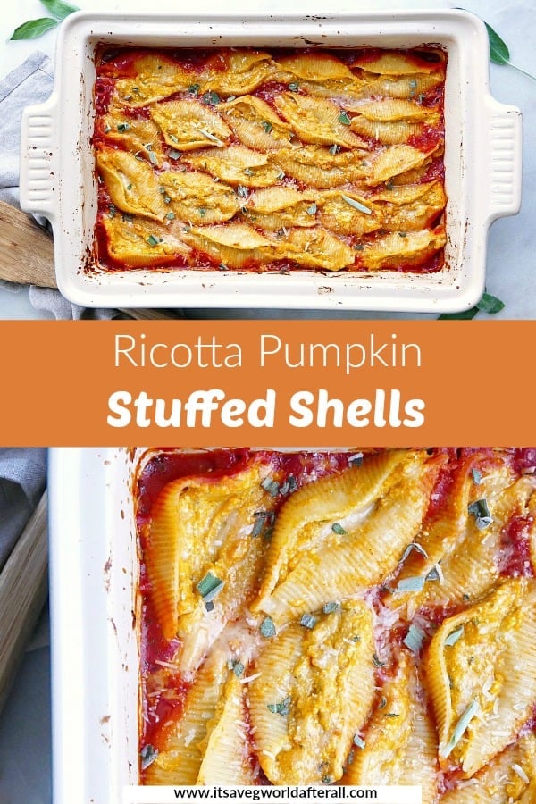 images of stuffed shells separated by a text box with recipe title