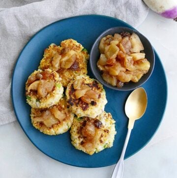 serving platter with turnip hash brown cakes and a bowl of apple chutney