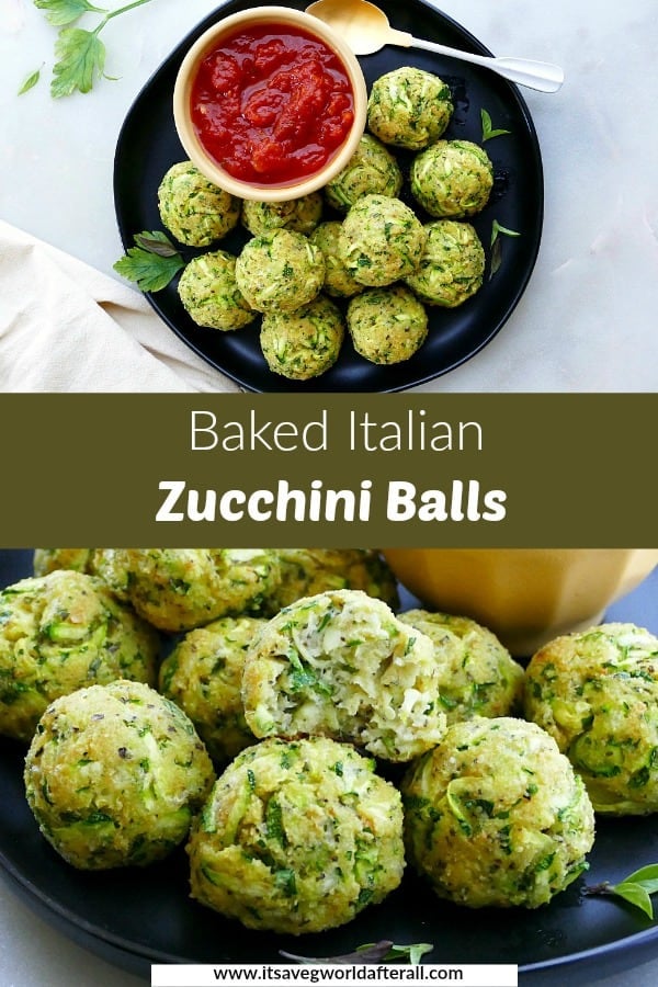 images of zucchini balls separated by a green text box with recipe title
