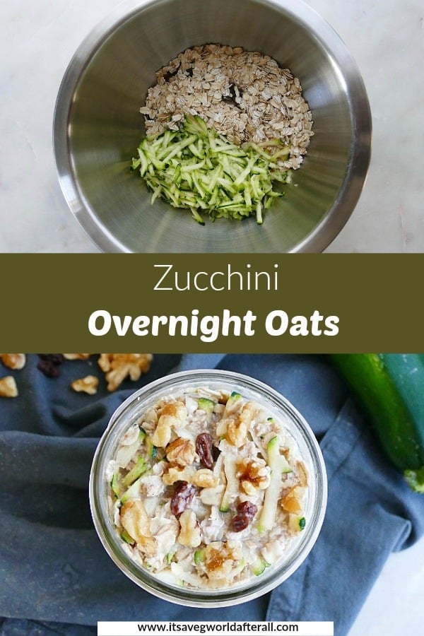 images of a mixing bowl with ingredients and finished overnight oats separated by text box
