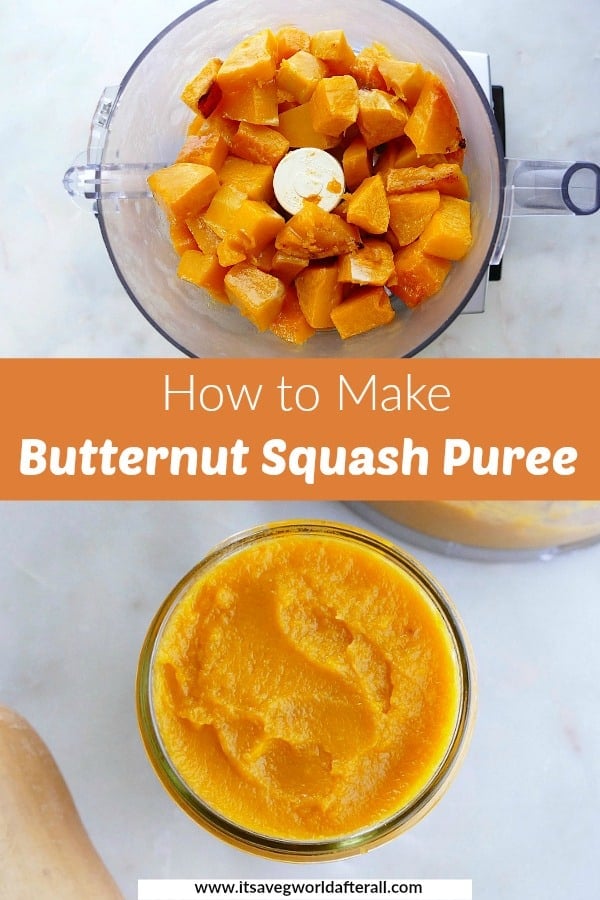 images of ingredients and finished butternut squash puree separated by a text box with recipe title