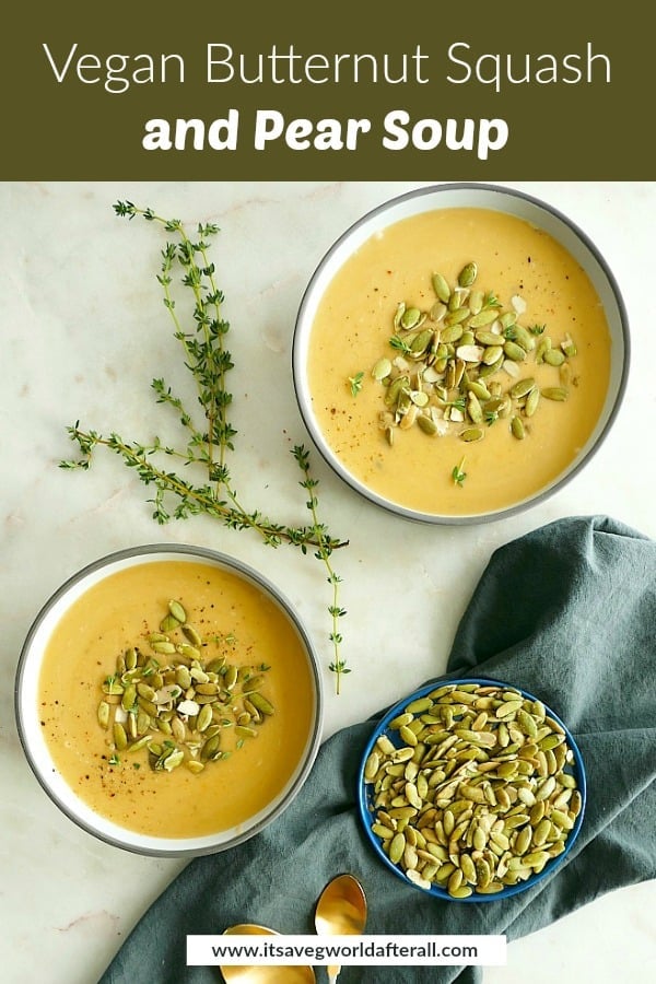 image of butternut squash and pear soup under a text box with recipe title