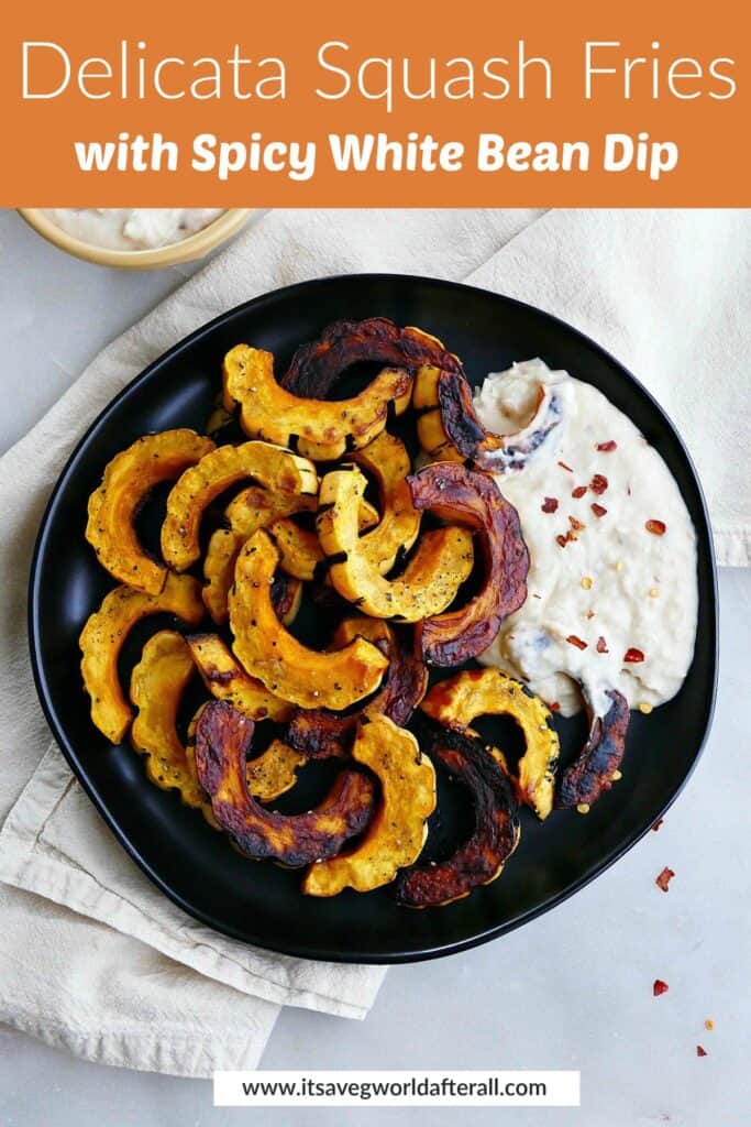 image of delicata squash fries and white bean dip under a text box with recipe title